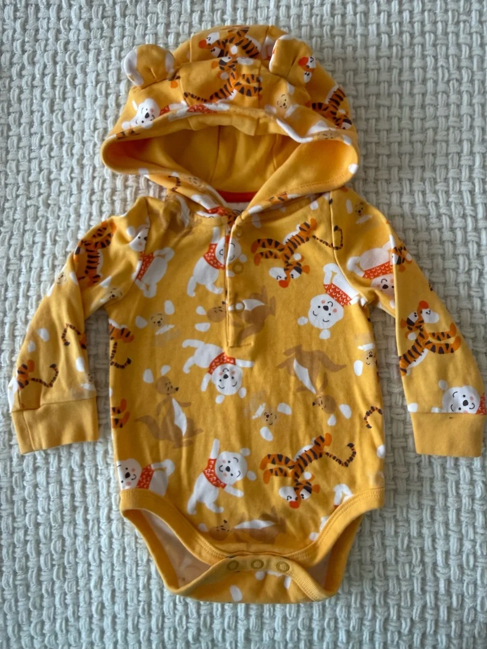 Disney Yellow Winnie the Pooh Hooded Baby One-Piece with Animal Print